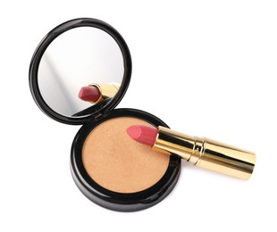 Photo of Open face powder with mirror and lipstick isolated on white, above view