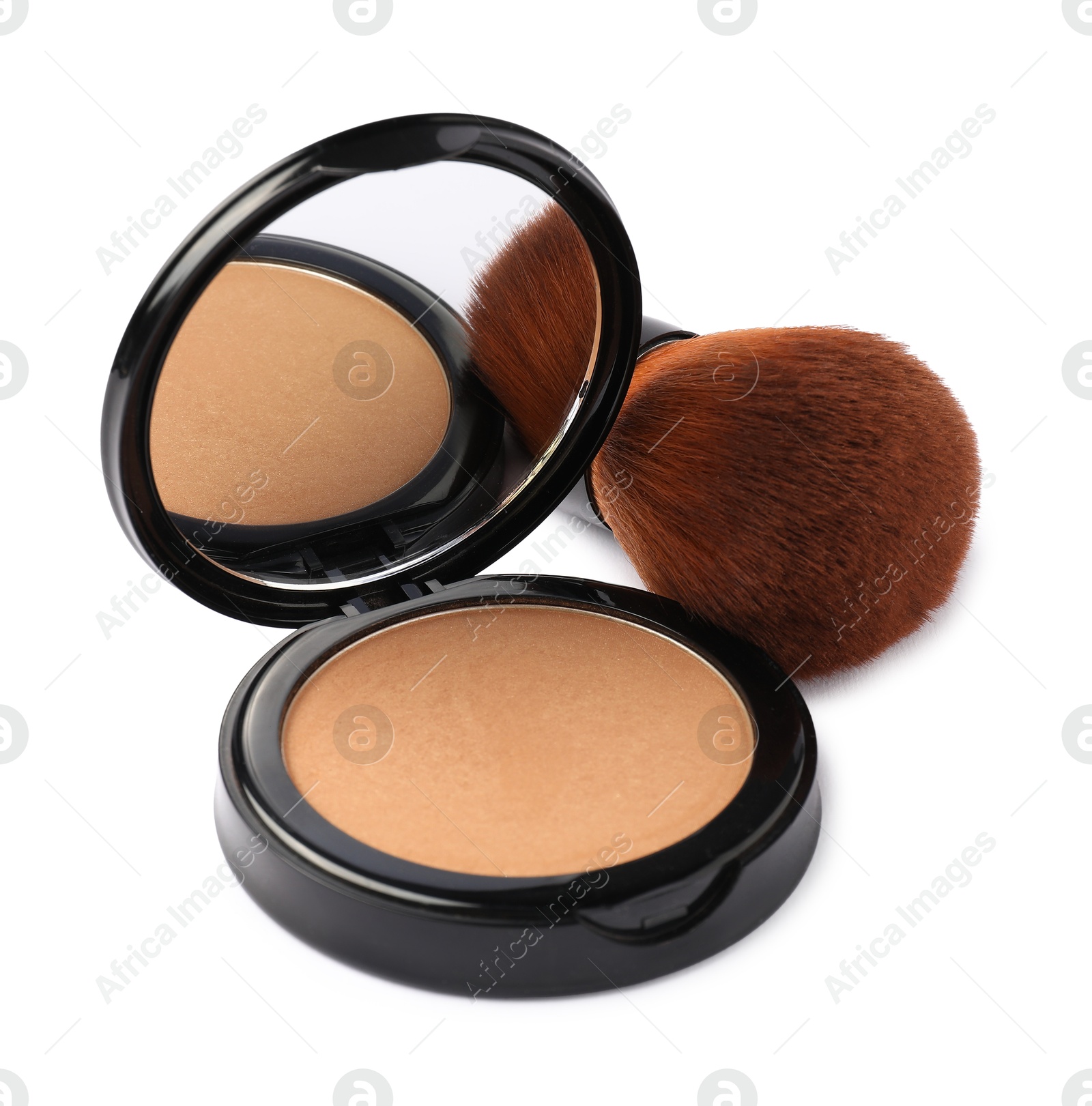 Open face powder with mirror and brush isolated on white Photo of Open face powder with mirror and brush isolated on white