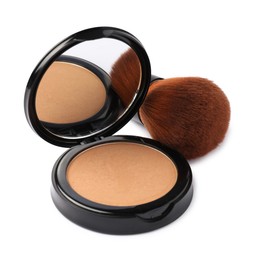 Photo of Open face powder with mirror and brush isolated on white