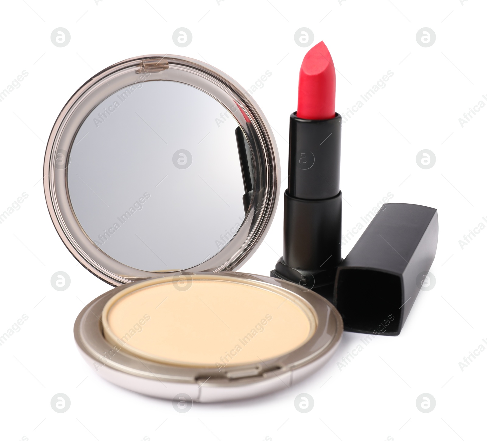 Open face powder with mirror and lipstick isolated on white Photo of Open face powder with mirror and lipstick isolated on white