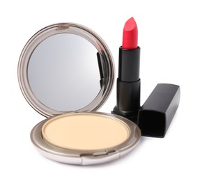 Photo of Open face powder with mirror and lipstick isolated on white