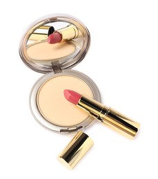 Photo of Open face powder with mirror and lipstick isolated on white, above view