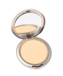 Photo of Open face powder with mirror isolated on white, above view