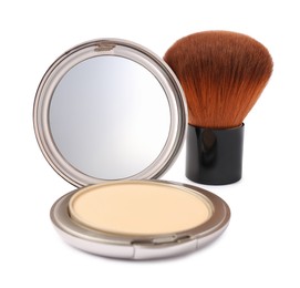 Photo of Open face powder with mirror and brush isolated on white