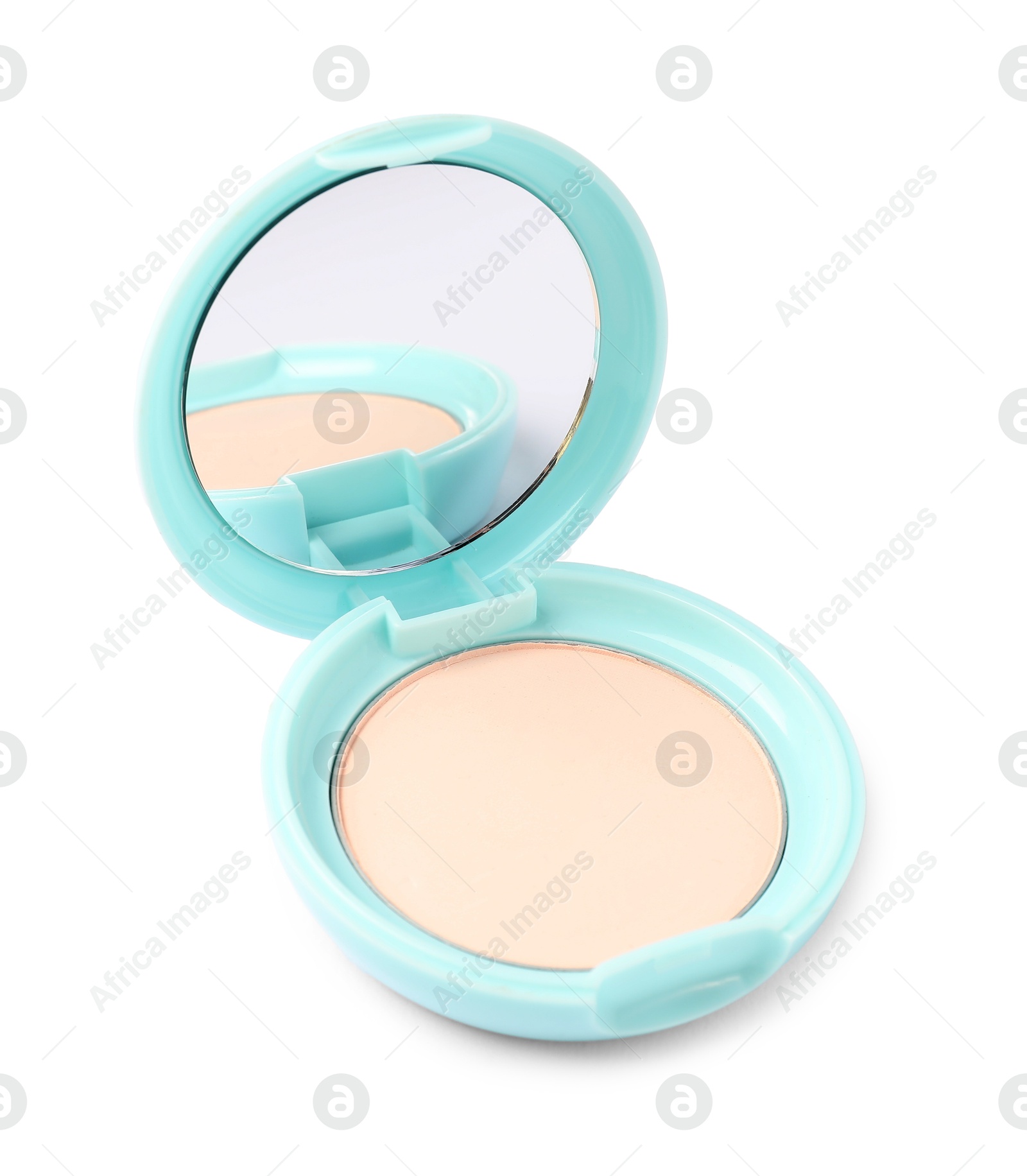Open face powder with mirror isolated on white Photo of Open face powder with mirror isolated on white