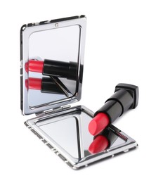 Photo of Open pocket mirror and lipstick isolated on white