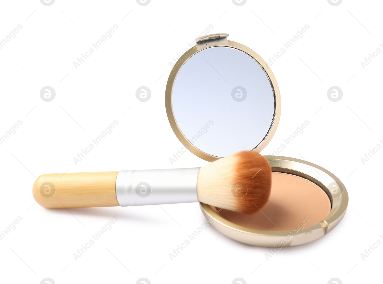 Open face powder with mirror and brush isolated on white Photo of Open face powder with mirror and brush isolated on white