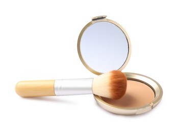 Photo of Open face powder with mirror and brush isolated on white