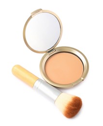 Photo of Open face powder with mirror and brush isolated on white, above view