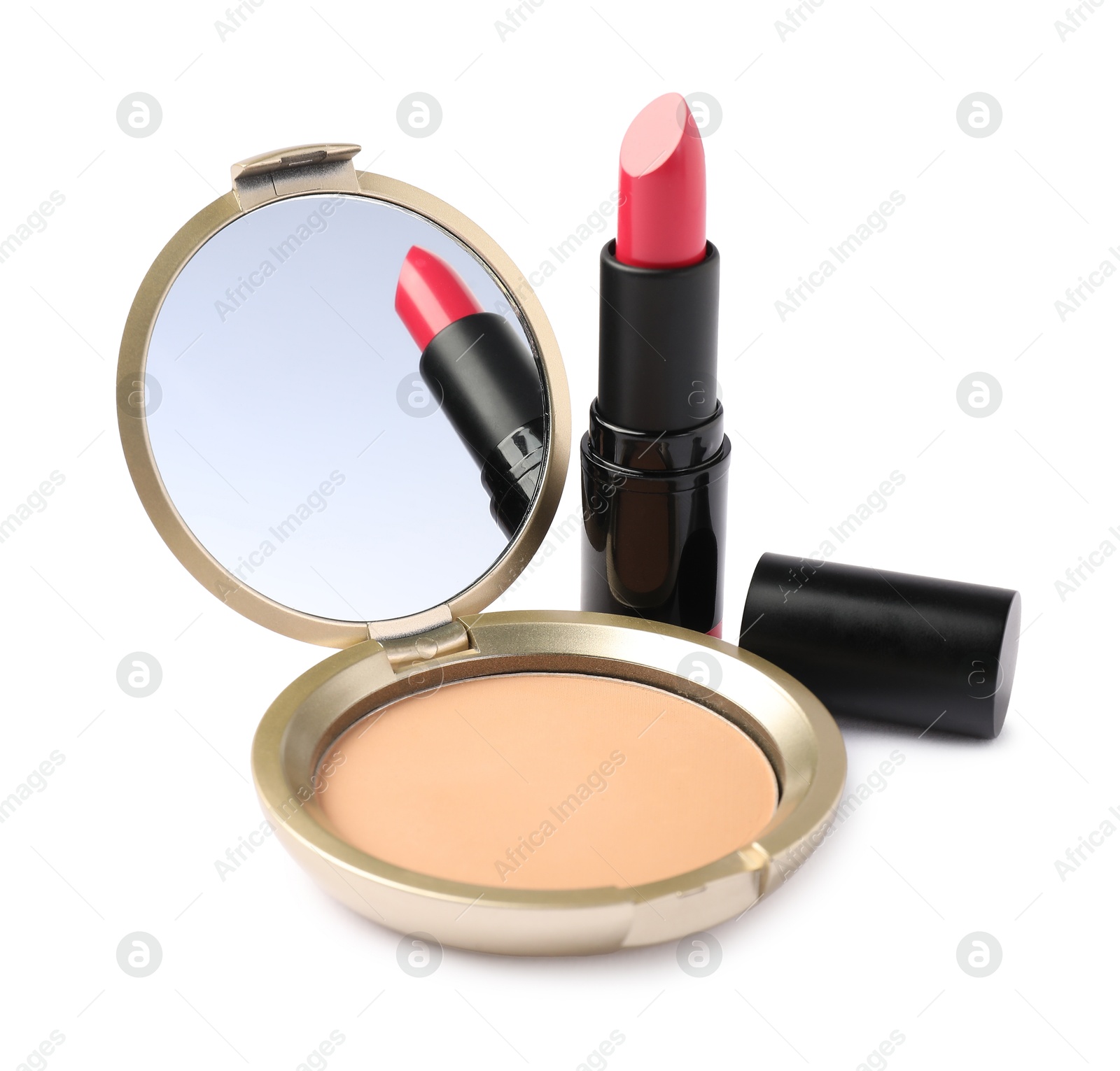 Open face powder with mirror and lipstick isolated on white Photo of Open face powder with mirror and lipstick isolated on white