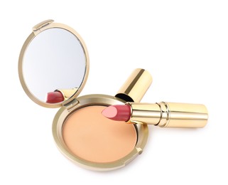 Photo of Open face powder with mirror and lipstick isolated on white