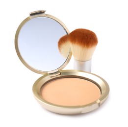 Photo of Open face powder with mirror and brush isolated on white