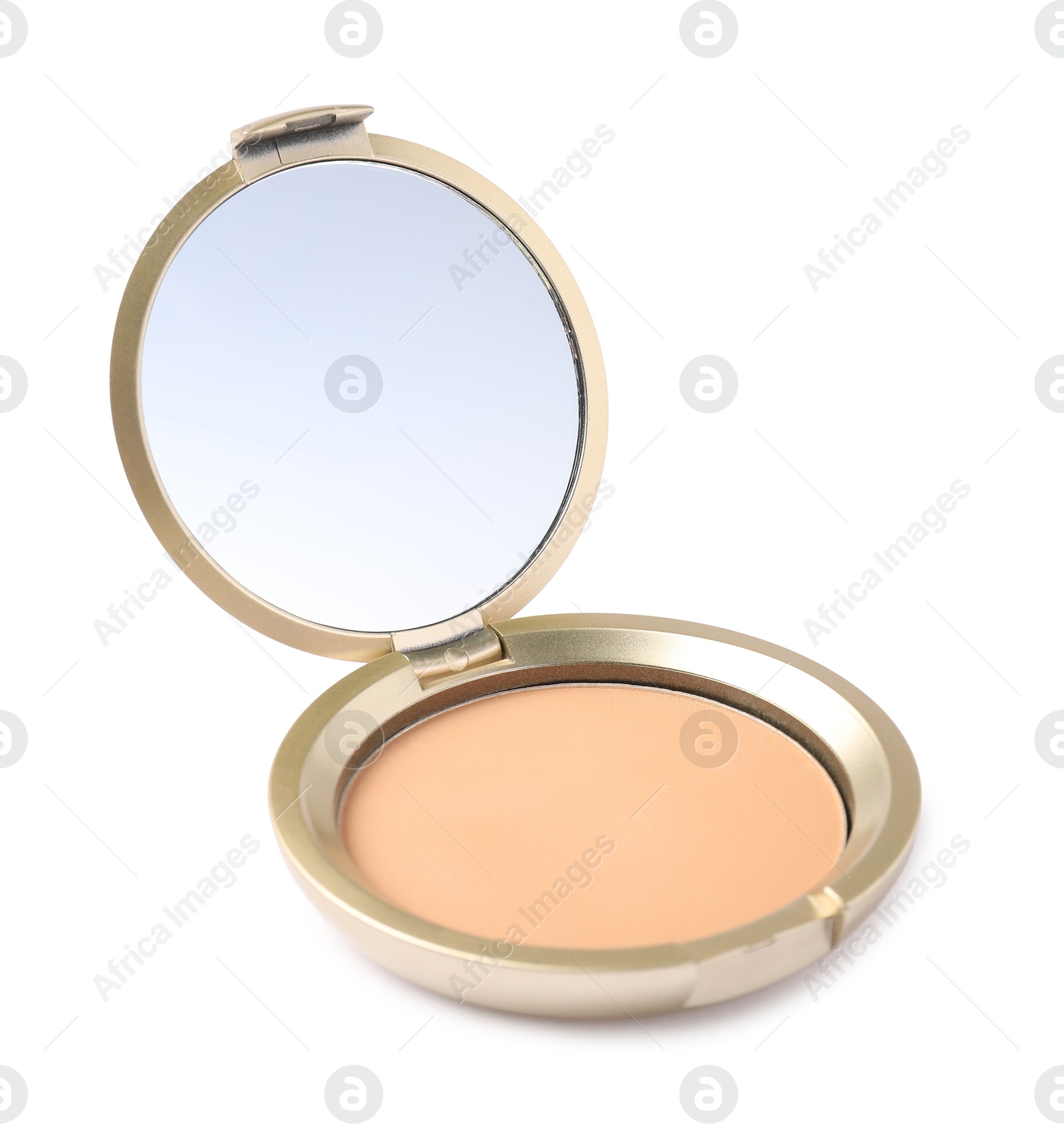 Open face powder with mirror isolated on white Photo of Open face powder with mirror isolated on white