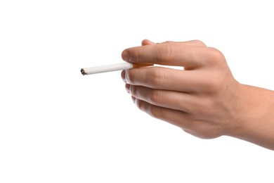 Photo of Man with cigarette on white background, closeup