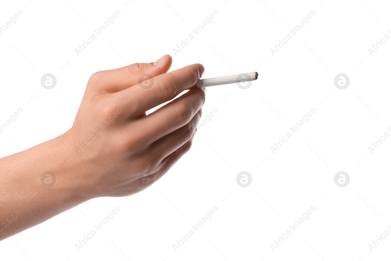 Man with cigarette on white background, closeup Photo of Man with cigarette on white background, closeup