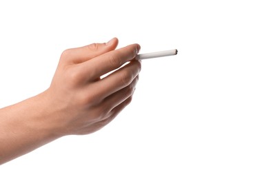 Photo of Man with cigarette on white background, closeup