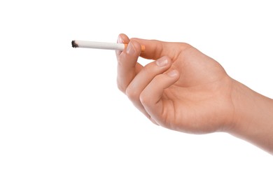 Photo of Man with cigarette on white background, closeup