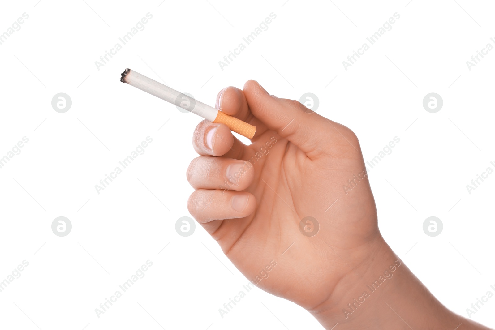 Man with cigarette on white background, closeup Photo of Man with cigarette on white background, closeup