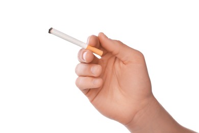 Photo of Man with cigarette on white background, closeup