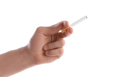 Photo of Man with cigarette on white background, closeup