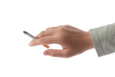 Photo of Woman with cigarette on white background, closeup