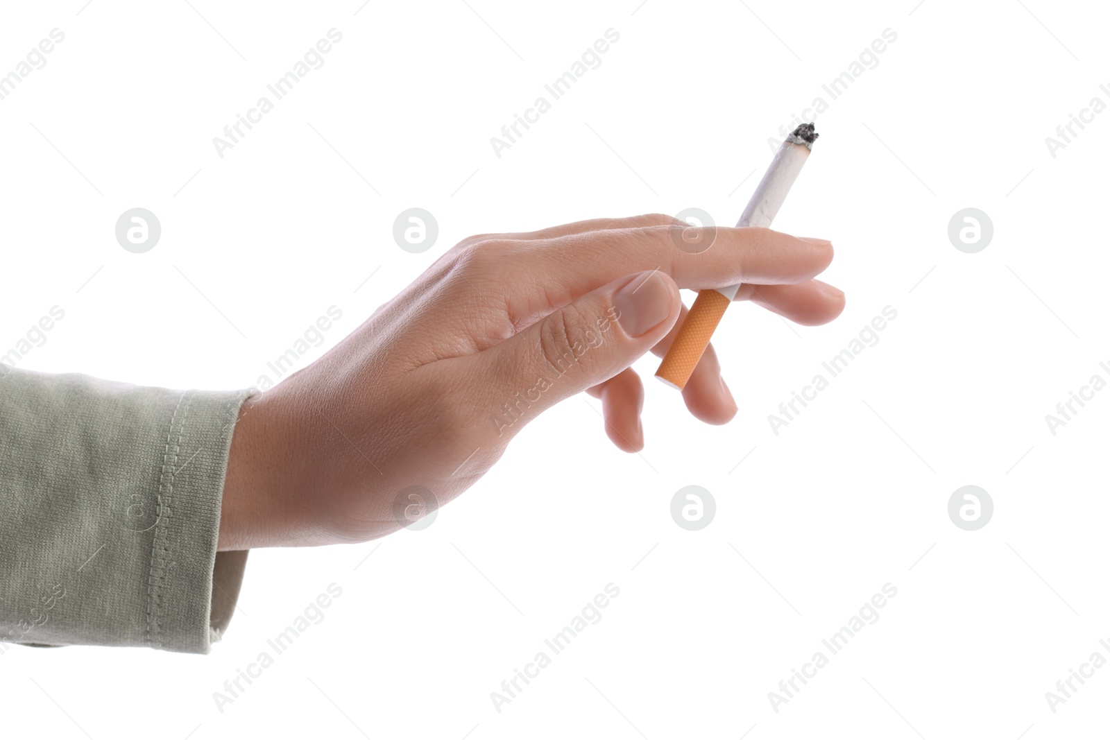 Woman with cigarette on white background, closeup Photo of Woman with cigarette on white background, closeup