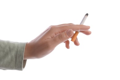Photo of Woman with cigarette on white background, closeup