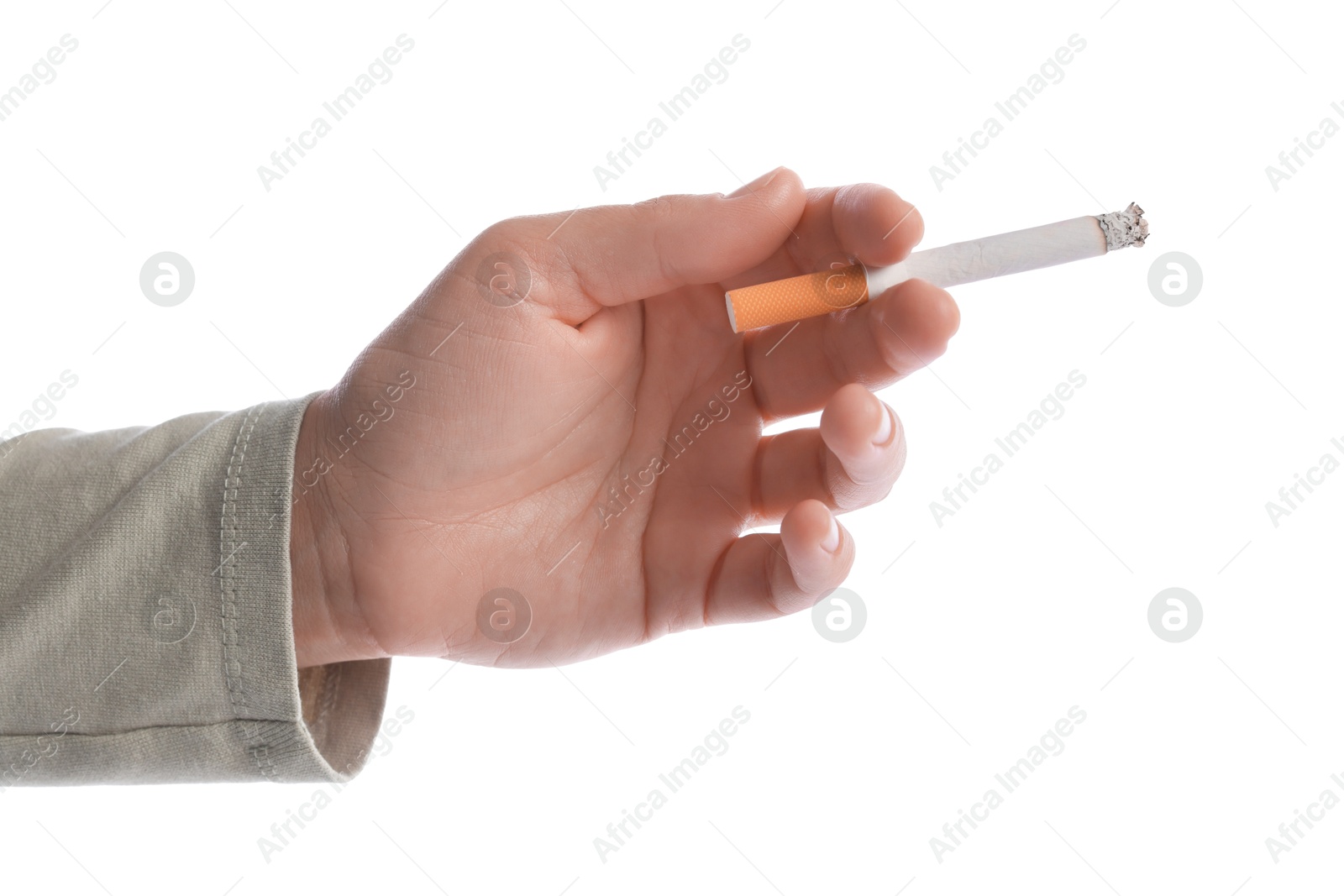 Woman with cigarette on white background, closeup Photo of Woman with cigarette on white background, closeup