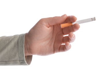 Photo of Woman with cigarette on white background, closeup
