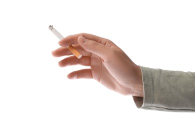 Photo of Woman with cigarette on white background, closeup