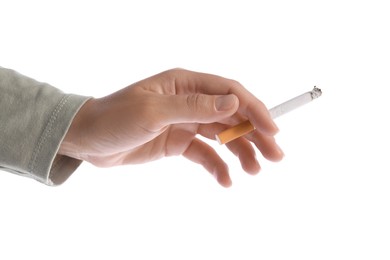 Photo of Woman with cigarette on white background, closeup