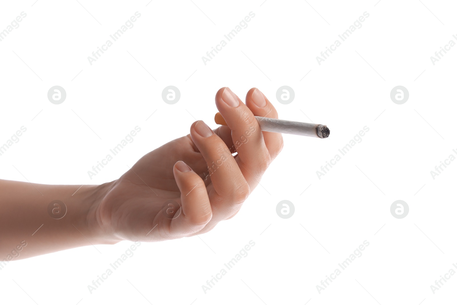 Woman with cigarette on white background, closeup Photo of Woman with cigarette on white background, closeup