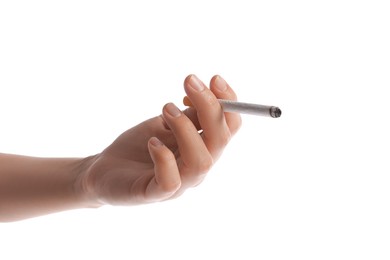 Photo of Woman with cigarette on white background, closeup