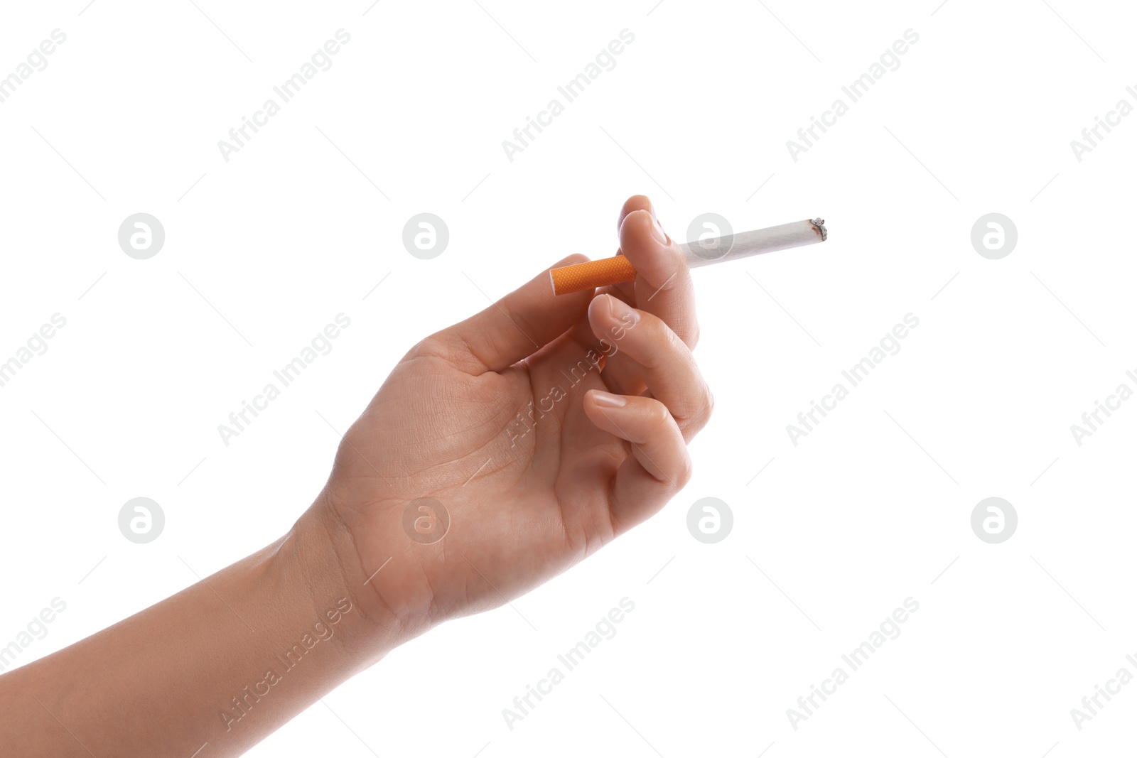 Woman with cigarette on white background, closeup Photo of Woman with cigarette on white background, closeup