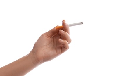 Photo of Woman with cigarette on white background, closeup