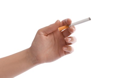 Photo of Woman with cigarette on white background, closeup