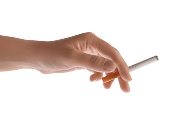 Photo of Woman with cigarette on white background, closeup