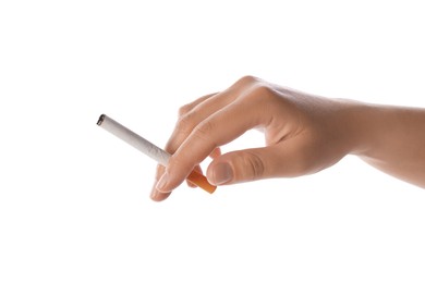 Photo of Woman with cigarette on white background, closeup