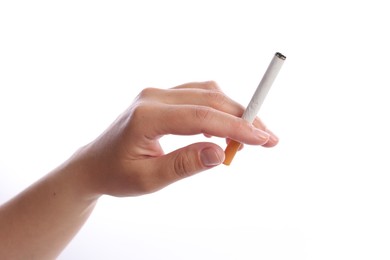 Photo of Woman with cigarette on white background, closeup