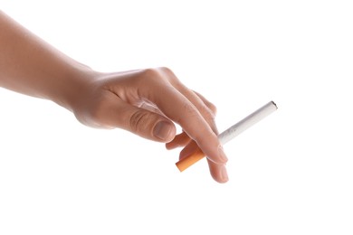 Photo of Woman with cigarette on white background, closeup