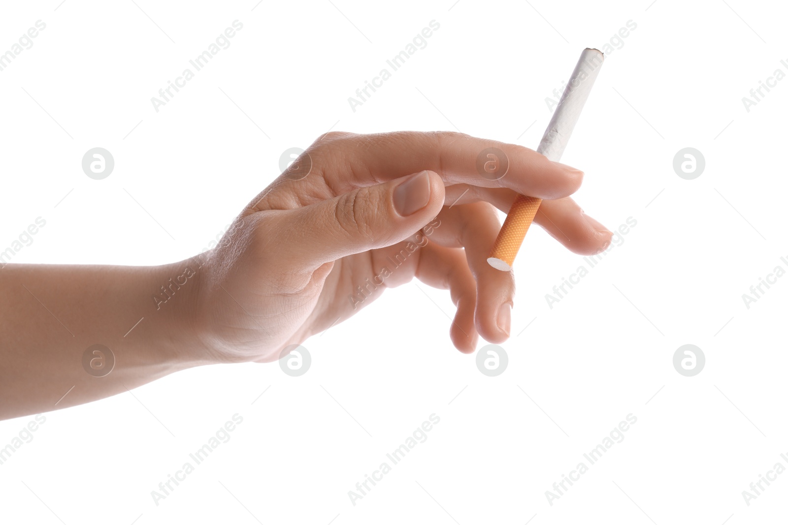 Woman with cigarette on white background, closeup Photo of Woman with cigarette on white background, closeup