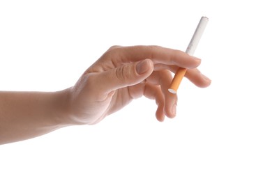Photo of Woman with cigarette on white background, closeup