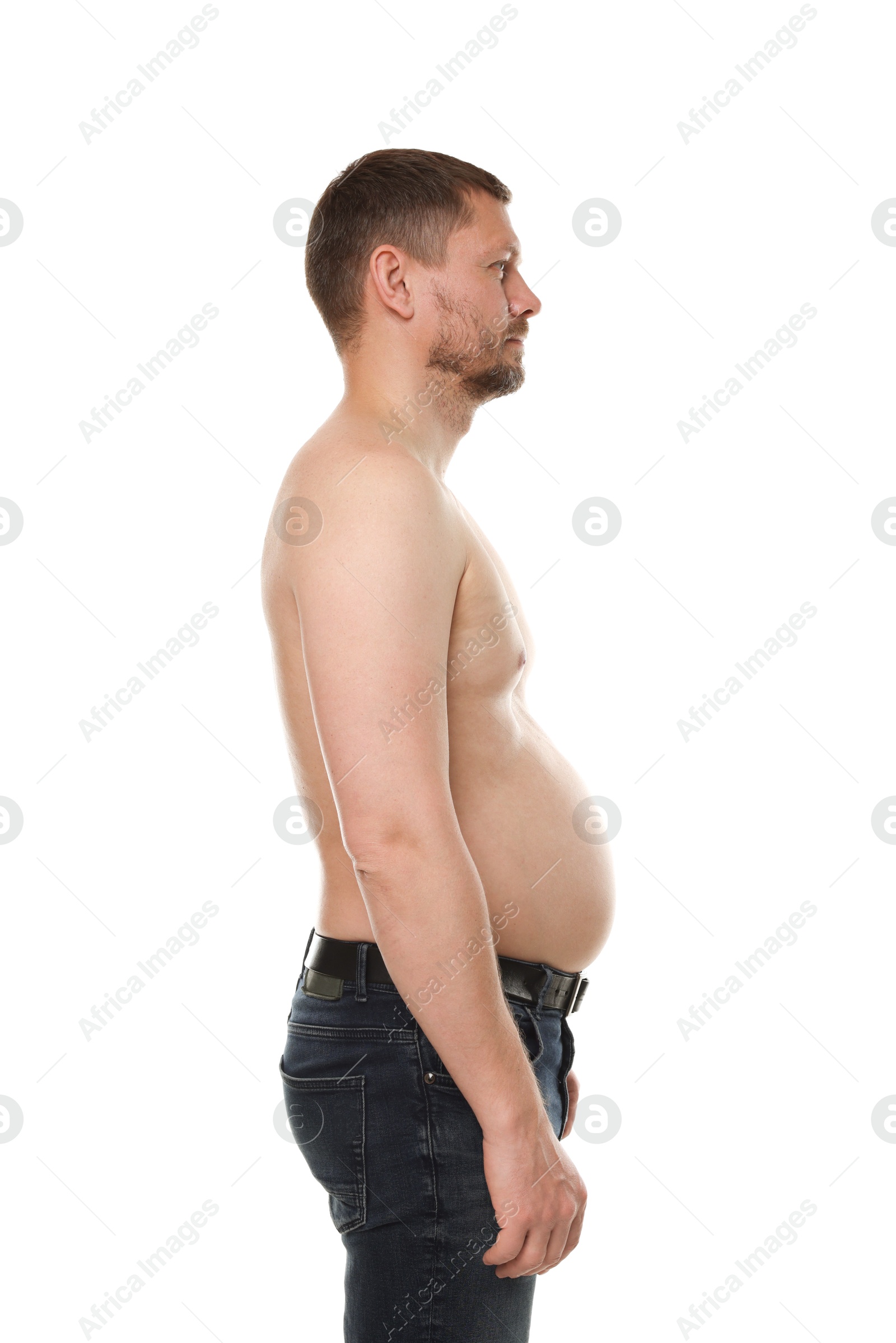 Photo of Man with belly on white background, side view