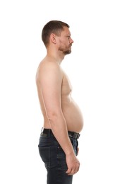 Photo of Man with belly on white background, side view