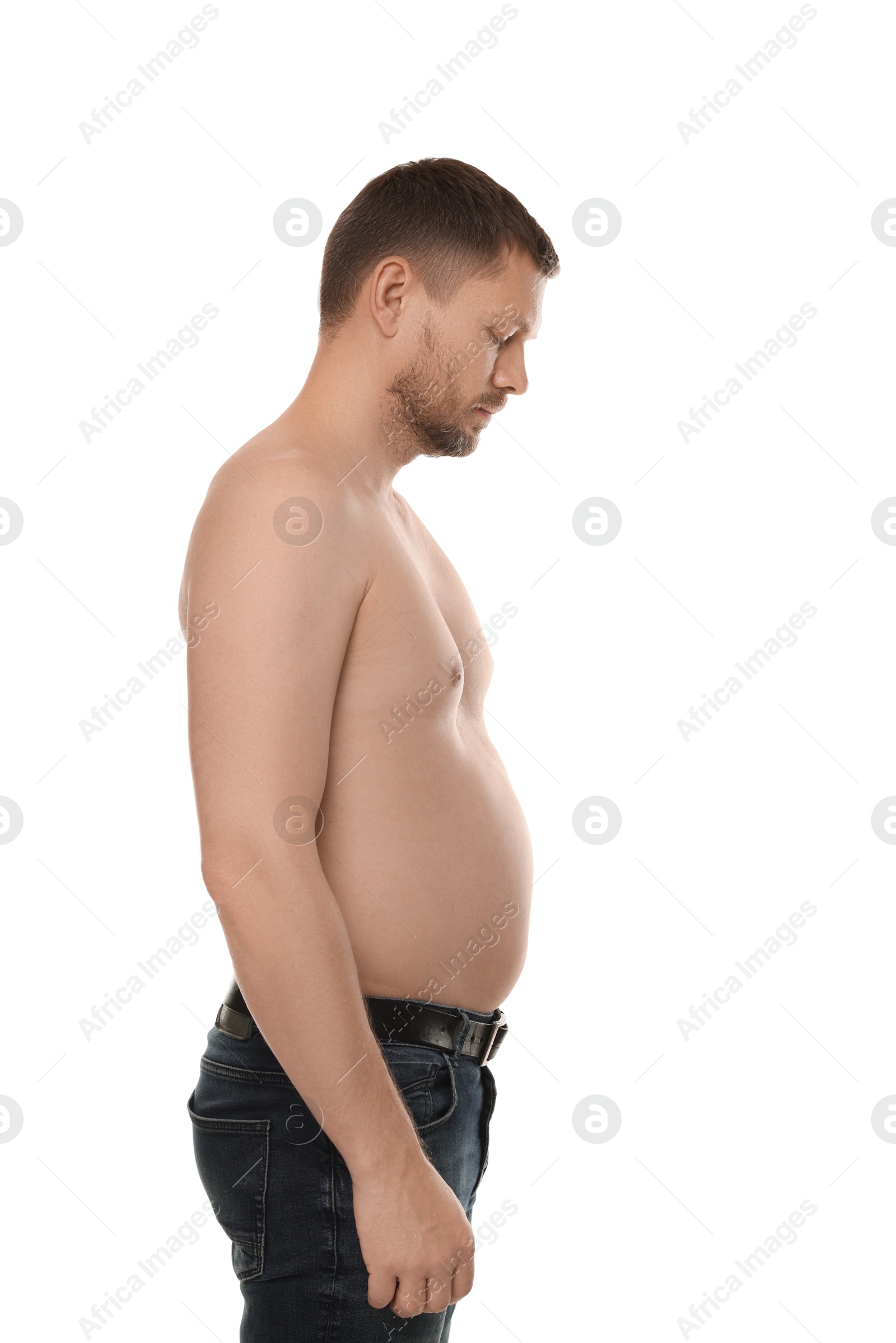 Man with belly on white background, side view Photo of Man with belly on white background, side view