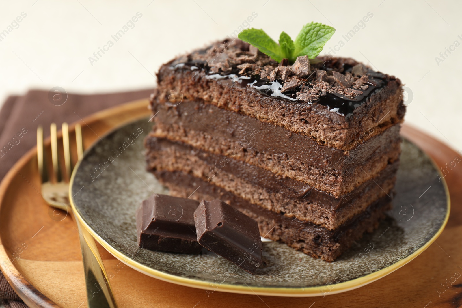 Piece of delicious chocolate cake with mint on table, closeup Photo of Piece of delicious chocolate cake with mint on table, closeup