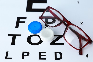 Photo of Glasses and lenses on vision test chart, closeup