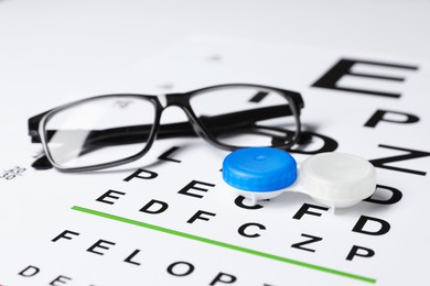 Photo of Glasses and lenses on vision test chart, closeup
