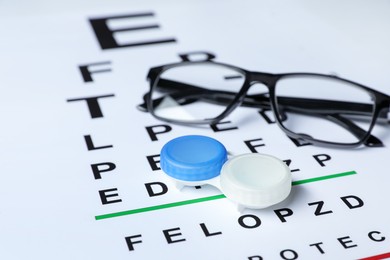Photo of Glasses and lenses on vision test chart, closeup