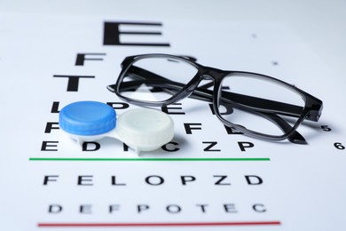 Photo of Glasses and lenses on vision test chart, closeup
